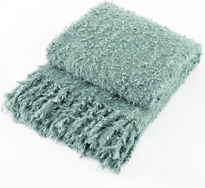 Knit Throw Blanket Fluffy Fuzzy Soft Lightweight Cozy Farmhouse Tassels Chunky Knitted Throws for Couch Sofa Bed (Sage Green, 50"x60")