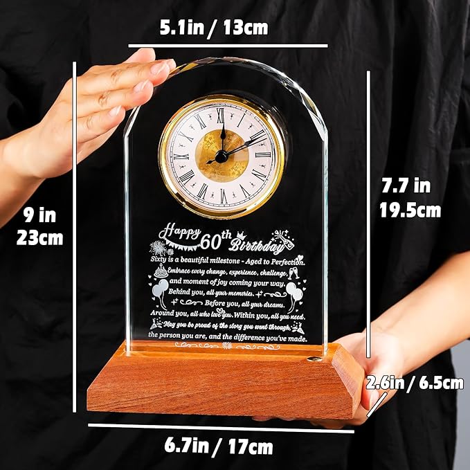 Happy 60th Birthday Glass Clock Gifts for Women, Men - 60 Year Old Birthday Gift with Wooden Light Base for Her Him, Turning 60 Quartz Clock Gift Idea for Mom Dad Unique Keepsake