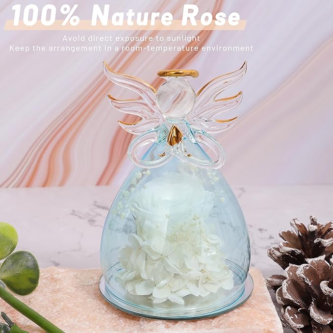 ANLUNOB Preserved Rose Birthday Gifts for Women Mom Grandma Wife, Glass Angel Figurines Gifts with Pretty White Flowers for Anniversary Wedding