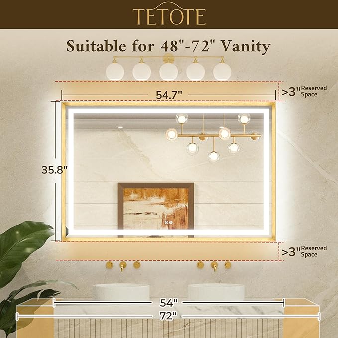 TETOTE 55 x 36 Bathroom LED Mirror Brushed Gold Metal Frame Frontlit & Backlit Vanity Mirror Stepless Dimmable Anti-Fog 3 Colors White/Warm/Natural Light up Vanity Wall-Mounted