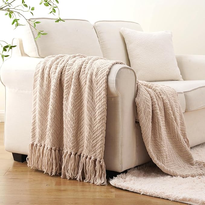 BATTILO HOME Beige Throw Blankets for Couch, Knitted Tan Throw Blanket for Twin Bed, Super Soft Warm Large Throws for Home Decor, 60" x 80"