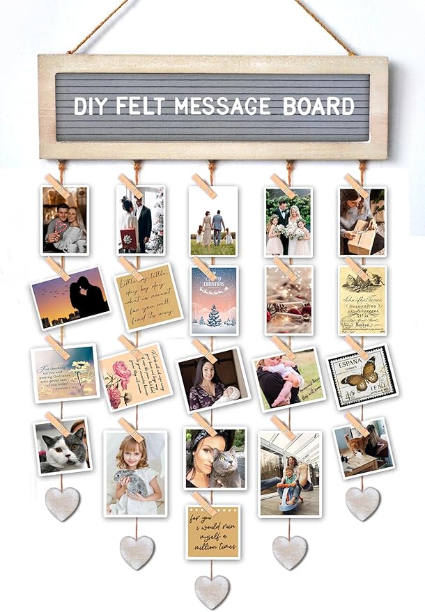 Buecasa Slotted Felt Board with 340 Letters and 30 Clips - Rustic Picture Frames Collage Wall Decor Sign - Multi Photos Cards Organizer 15.7x5 Inches (White)