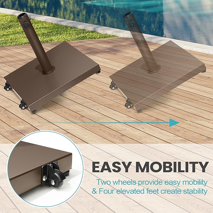 Patio Umbrella Base 40lbs Outdoor Umbrella Stand with Wheels, Heavy Duty Square Concrete Stand Market Umbrella, Brown