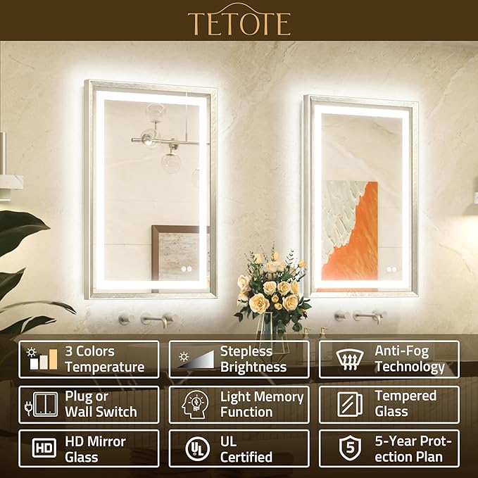 TETOTE 24 x 36 Bathroom LED Mirror Brushed Bright Nickel Metal Frame Frontlit & Backlit Vanity Mirror Anti-Fog Stepless Dimmable 3 Colors White/Warm/Natural Mirror with Lights Wall-Mounted