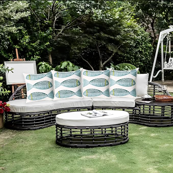 1 PCS Embroidered Throw Pillow Cover Cotton Decorative Square Cushion Cases for Home Sofa Bed and Chair 18 x 18 Inch (Blue Fish)