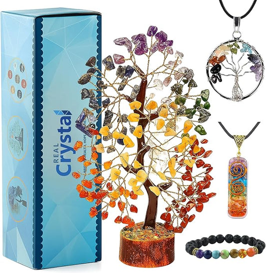 Seven Chakra Healing Crystal Tree Kit with 7 Chakra Bracelet and 2 Pendant Necklace - Gemstones Money Bonsai Tree Decor for Spiritual Good Luck Gift, Birthday Gift for Women, Men, Home, Office