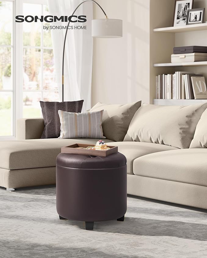 SONGMICS Round Ottoman, Ottoman with Storage, 17.7 x 17.7 x 17.5 Inches, Foot Rest with Legs, Synthetic Leather, Load up to 330 lb, for Living Room, Bedroom, Chestnut Brown ULOM014K01