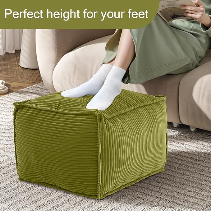 MeMoreCool Square Stuffed Pouf Ottoman Foot Rest, Corduroy Floor Pouf Foot Stool with Foam Chunk Filling, Soft Stuffed Ottoman Footrest for Living Room, Green