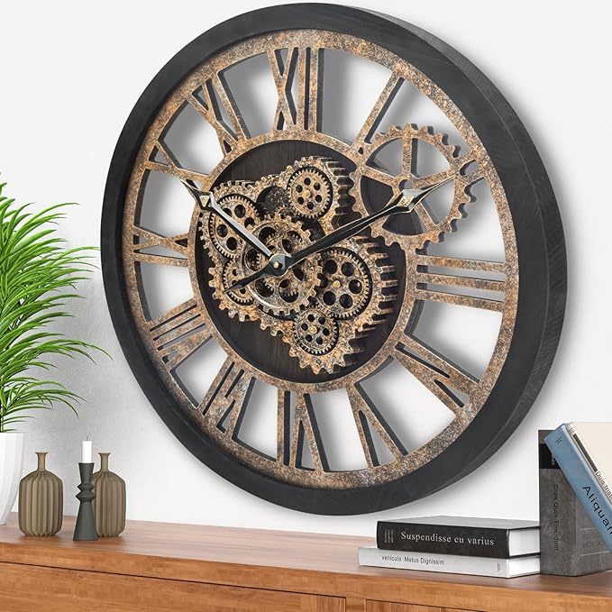HOIBAI Large Wall Clock, 24 Inch Wall Clocks for Living Room Decor Farmhouse Vintage Rustic Kitchen Wall Decor Vintage Roman Big Oversized Wall Clock for Home Bedroom House Office, Moving Gears Clock