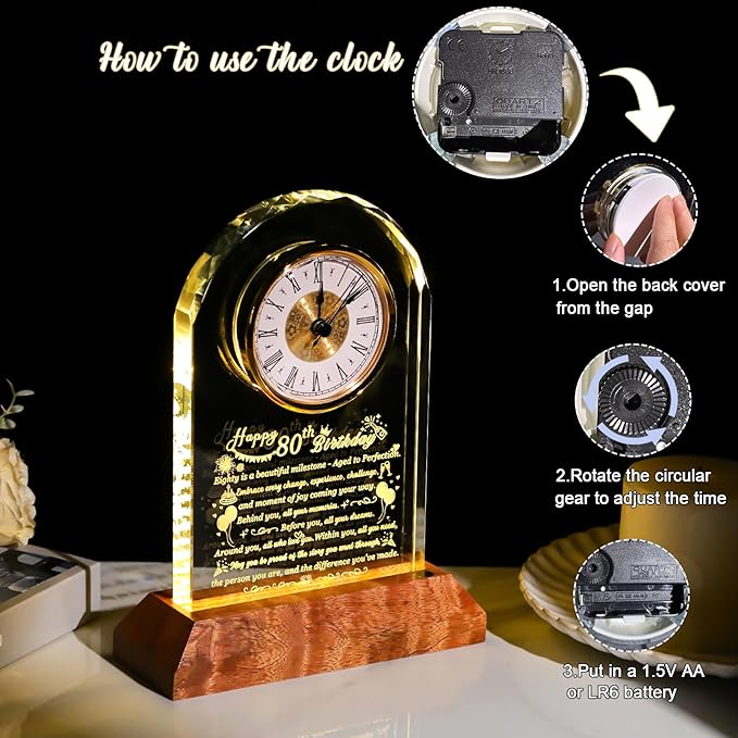 Happy 80th Birthday Glass Clock Gifts for Women, Men - 80 Year Old Birthday Gift with Wooden Light Base for Her Him, Turning 80 Quartz Clock Gift Idea for Mom Dad Unique Keepsake