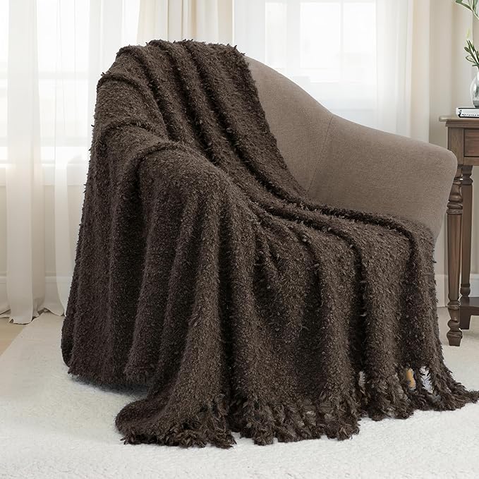 Knit Throw Blanket Fluffy Fuzzy Soft Lightweight Cozy Farmhouse Tassels Chunky Knitted Throws for Couch Sofa Bed (Brown, 50"x60")