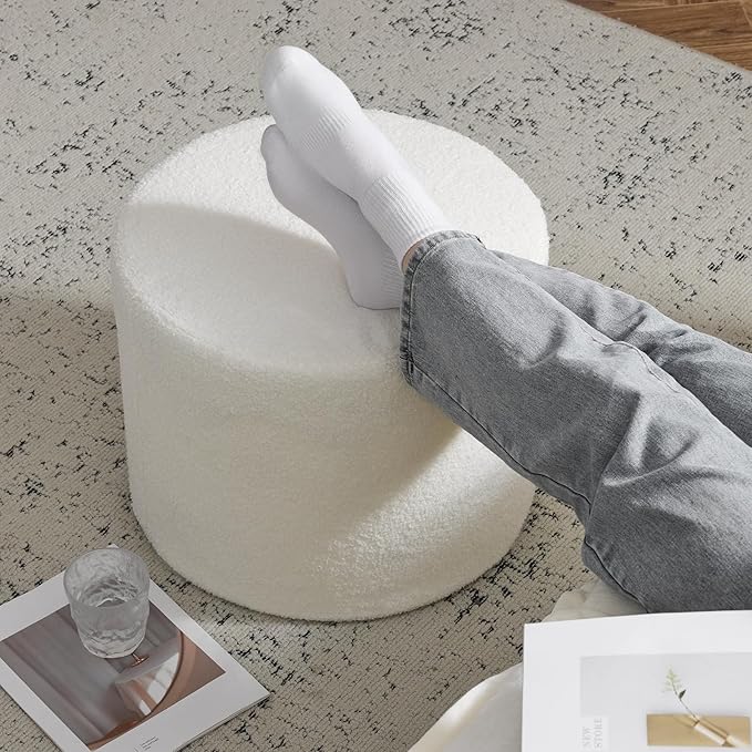 Bezseller Soft Boucle Pouf Ottoman, Comfortable Foot Rest, Full Foam Filling Footstool for Living Room, Bedroom, Lightweight Comfort and Charm Floor Poof Seating Perfect to Rest Your Feet, Beige