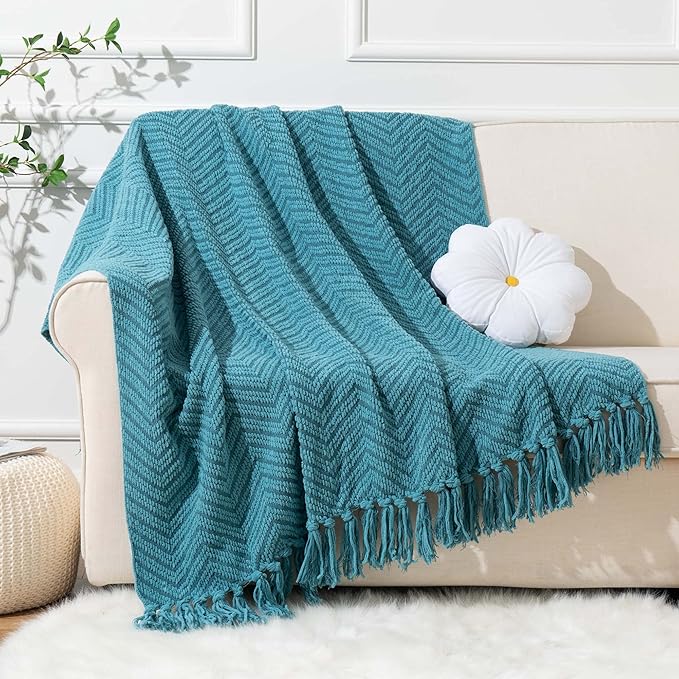 BATTILO HOME Teal Throw Blanket for Couch, Knit Woven Turquoise Blanket Versatile for Chair, Super Soft Warm Decorative Blanket with Tassels for Bed, Sofa and Living Room, 60" x 80"