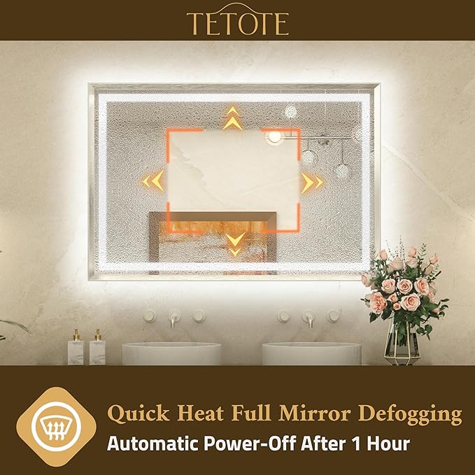 TETOTE 60 x 28 Large Bathroom Mirror Brushed Bright Nickel Metal Frame Frontlit & Backlit Vanity Mirror 3 Colors White/Warm/Natural Stepless Dimmable Anti-Fog Bathroom Mirrors for Vanity Wall-Mounted