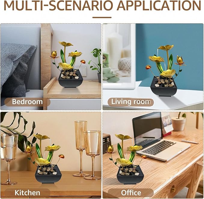 Water Fountain Indoor Waterfall Fountain Tabletop Fountain Lotus Desk Fountains mall Water Fountain Indoor Mini Waterfall Waterfall Iron Home Decor for Office Decoration (Golden C)