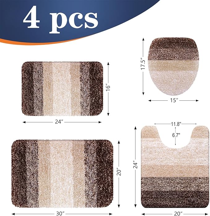 OLANLY Bathroom Rugs Sets 4 Piece, Soft Microfiber Absorbent Bath Mat, U-Shaped Contour Toilet Mat and Toilet Lid Cover, Quick Dry, Machine Washable, Toilet Cover and Rug Set for Bathroom, Brown