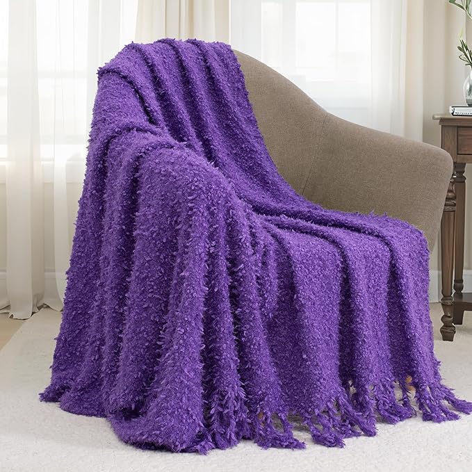 Winter Knit Throw Blanket Fluffy Fuzzy Soft Lightweight Cozy Farmhouse Tassels Chunky Knitted Throws for Couch Sofa Bed (Purple, 60"x80")