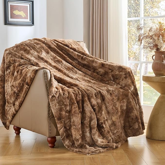 Krifey Faux Fur Throw Blanket for Couch Bed, 3D Marble Texture Soft Throws, Cozy Fuzzy Plush Thick Warm Blanket, Faux Rabbit Fleece, Christmas Birthday Gifts for Men Dad, Tie Dye Brown, 60x80in