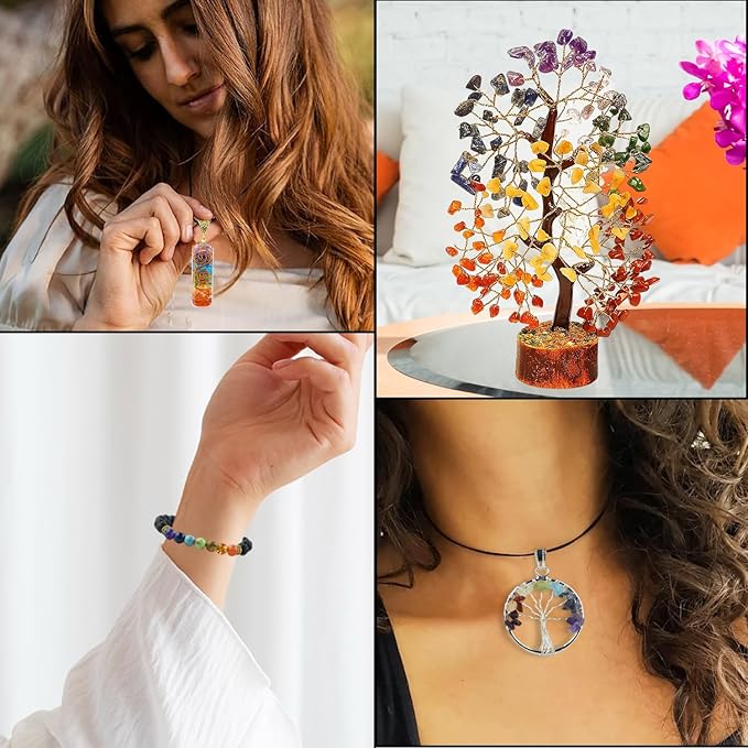 Seven Chakra Healing Crystal Tree Kit with 7 Chakra Bracelet and 2 Pendant Necklace - Gemstones Money Bonsai Tree Decor for Spiritual Good Luck Gift, Birthday Gift for Women, Men, Home, Office