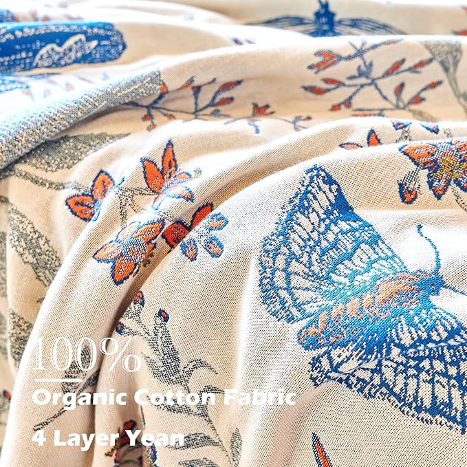 Boho Throw Blanket, 100% Organic Cotton Breathable Ultra Soft Bed Quilt Throw - All Season Floral Bird Butterfly Farmhouse Decor Blanket for Sofa Couch Chair and Gift. 80" x 90"