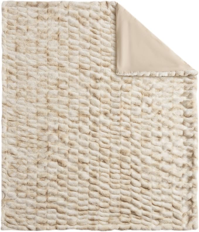 WDCOZY Ruched Faux Fur Throw Blanket Soft Cozy Fluffy Luxurious Blankets Couch Bed Sofa Chair Home Decor Warm Furry Fall Winter Plush Rabbit Fur Bubble Blanket 60" x 80", Caramel