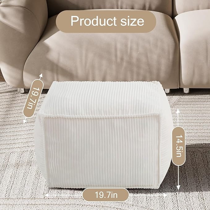 MeMoreCool Square Stuffed Pouf Ottoman Foot Rest, Corduroy Floor Pouf Foot Stool with Foam Chunk Filling, Soft Stuffed Ottoman Footrest for Living Room, Beige