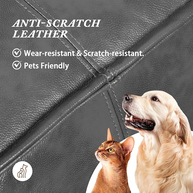 Leather Ottoman,Handmade Stuffed Square Ottoman,Genuine Leather Pouf, Foot Rest Pouf,Comfortable Soft Seating for Living Room & Bedroom (Grey, Square)