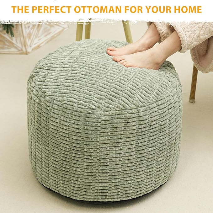 Round Stuffed Pouf Ottoman for Foot Rest, Storage Ottoman Pouf Foot Stool Cushion, Faux Fur Poufs with Foam Chunk Filling, 20 X 15 Inch Floor Chair for Living Room Bedroom Home Decor, Green