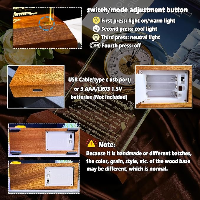 Happy 90th Birthday Glass Clock Gifts for Women, Men - 90 Year Old Birthday Gift with Wooden Light Base for Her Him, Turning 90 Quartz Clock Gift Idea for Mom Dad Unique Decoration