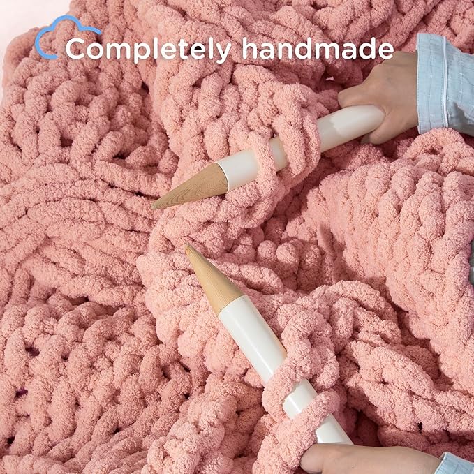Chunky Knit Blanket Throw - 100% Hand Knitted Chunky Soft Throw Blanket for Couch, Thick and Warm Blanket for Winter, Pink, 50x60 Inches