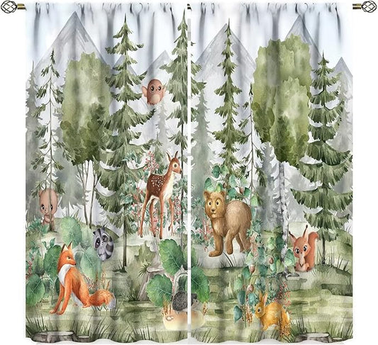 Kids Forest Animal Curtains,Fox Elk Bird Animal Watercolor Woodland Print Curtains Kids Nursery Bedroom Living Room Home Decoration 42x45 Inch
