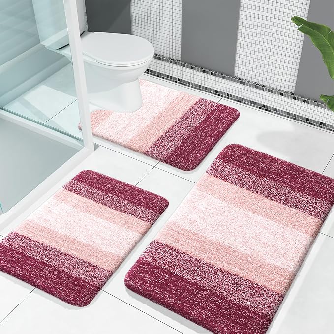 OLANLY Bathroom Rugs Sets 3 Piece, Soft Absorbent Microfiber Bath Mats and U-Shaped Contour Toilet Rug, Plush Shaggy Bath Mat Set for Bathroom (30"x20"+24"x16"+24"x20", Red)