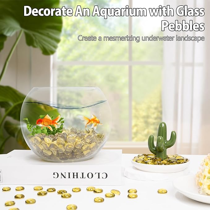 Glass Marbles, 0.97 LB Transparent and Smooth Flat Glass Beads for Vases, Mosaic Gem Pebbles for Aquarium Decor, Floral Arrangements, Mancala Stones, Vase Filler and Crafts, Yellow