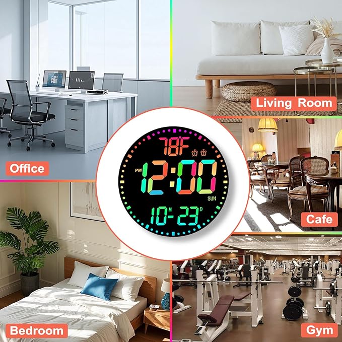 Large 12" RGB Color Changing Digital Wall Clock with Remote Control | LED Display Plug-in Clock with 3 Brightness Levels & Temperature Display | Perfect for Home, Gym, Classroom, Office