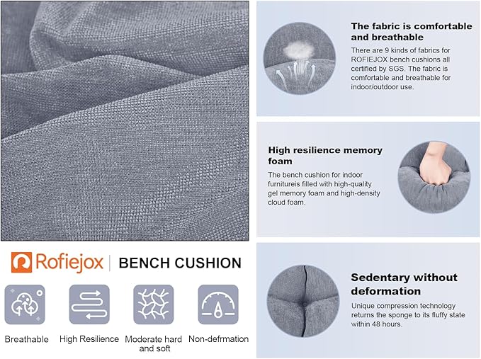 Bench Cushion 42 Inch - Chenille Fabric, High-Density Foam, Non-Slip Bottom, Soft Durable Indoor Tufted Long Seat Cushion for Window Garden Furniture (Light Gray, 42x16x4 Inch)