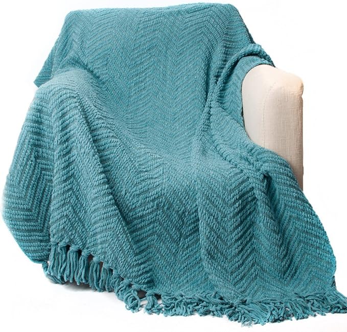 BATTILO HOME Teal Throw Blanket for Couch, Knit Woven Turquoise Blankets Versatile for Chair, Super Soft Warm Decorative Green Blanket with Tassels for Bed Sofa, 50"x60"