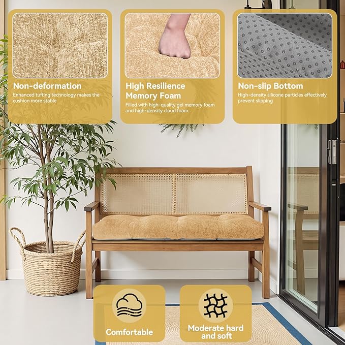 Bench Cushion 42 Inch - Luxury Chenille, High-Density Memory Foam, Non-Slip Bottom, Soft Durable Indoor Tufted Long Seat Cushion for Window Garden Furniture (Ivory, 42x16x4 Inch)