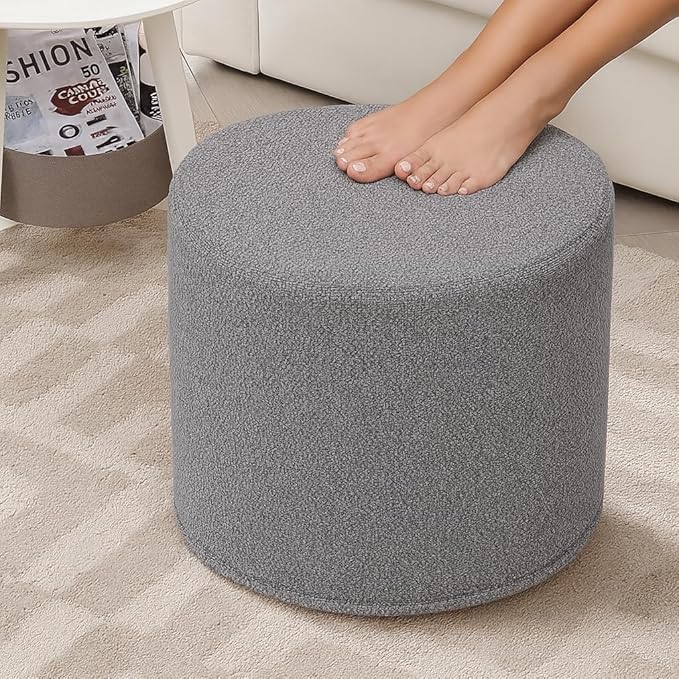 Round Pouf Ottoman and Foot Rest, Soft Boucle Footstool Ottomans for Living Room, Comfort Sponge Stuffed Poofs for Couch Desk Resting Your Feet, Grey(17.1" D x 17.1" W x 14" H)