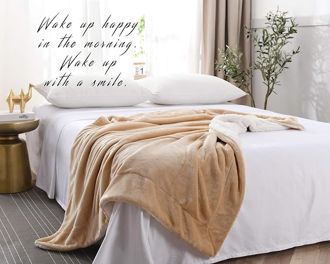 NANPIPER Reversible Sherpa Flannel Blanket Super Soft Fuzzy Lightweight Fleece Microfiber for Bed/Couch (50"x60",Beige)