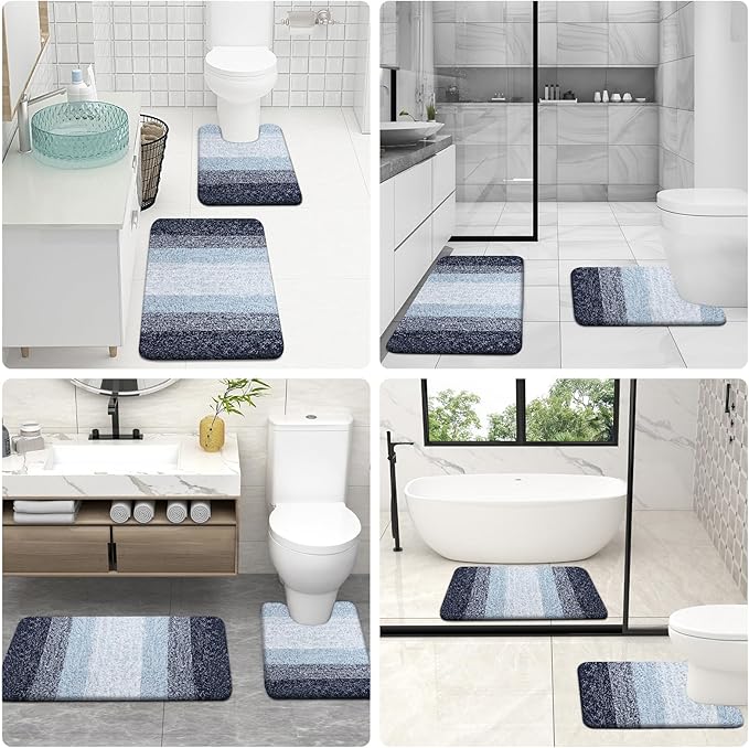 OLANLY Bathroom Rug Set 2 Piece, Soft Absorbent Microfiber Bath Mats and U-Shaped Contour Toilet Rug, Non-Slip, Machine Wash Dry, Plush Shaggy Bath Mats for Bathroom (30"x20"+24"x20", Dark Blue)