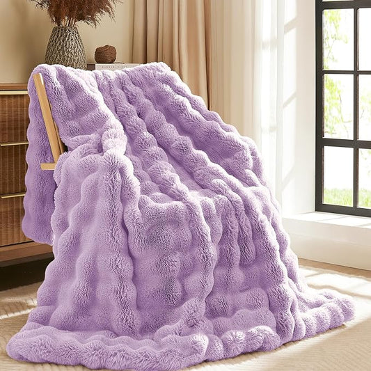 L'AGRATY Faux Fur Throw Blanket: 60" x 80" Luxury Soft Fluffy Rabbit Fur Blankets Twin for Couch Bed Sofa - Cozy Plush Bubble Blankets for Winter: Flannel Fleece Decorative Blanket(Purple)