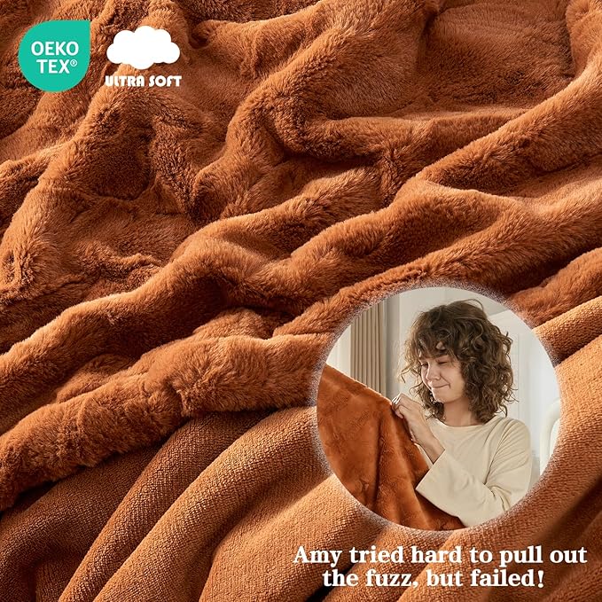 Krifey Burnt Orange Faux Fur Blanket for Queen Size Bed, 3D Marble Texture Soft Cozy Fuzzy Plush Thick Fall Blanket, Birthday for Women Mom Girlfriend, Camel, 90x90in