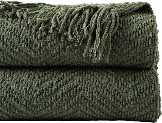 BATTILO HOME Olive Green Chenille Throw Blanket for Bed, Knit Throw Blanket,Super Soft Warm Home Decor Throw Blanket with Tassels for Couch,Sofa and Living Room,50" x 60"