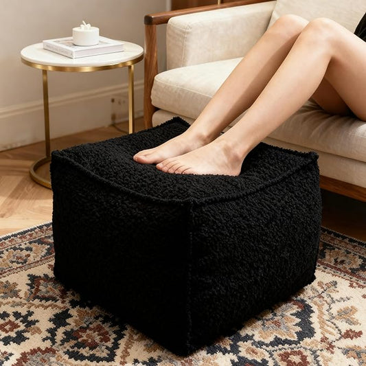 Square Boucle Pouf Ottoman Footrest – Soft & Lightweight Footstool with Foam Filling for Living Room & Bedroom, Laid-Back Lounge Style