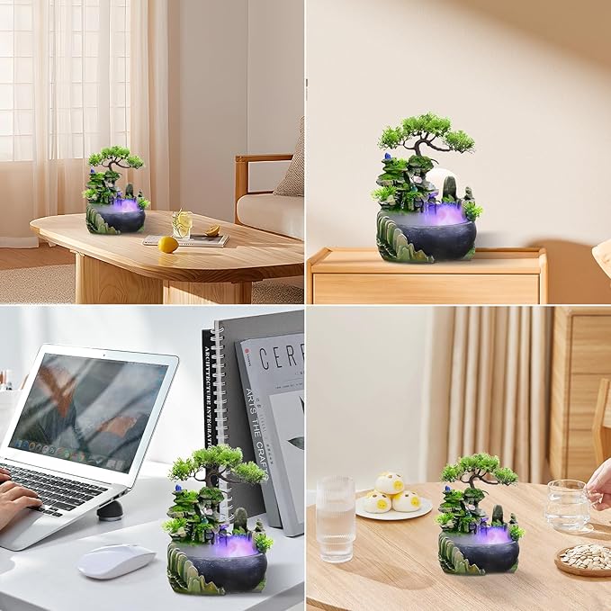 Tabletop Bonsai Tree Fountain with LED Lights, Rock Waterfall and Fog Mist(Free 10 PCS Crystals)