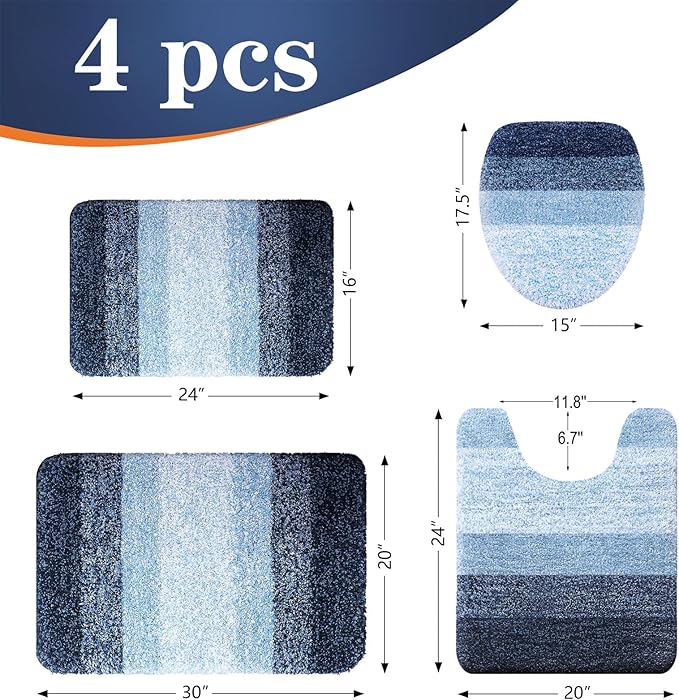 OLANLY Bathroom Rugs Sets 4 Piece, Soft Microfiber Absorbent Bath Mat, U-Shaped Contour Toilet Mat and Toilet Lid Cover, Quick Dry, Machine Washable, Toilet Cover and Rug Set for Bathroom, Navy