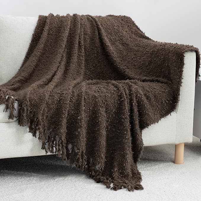 Knit Throw Blanket Fluffy Fuzzy Soft Lightweight Cozy Farmhouse Tassels Chunky Knitted Throws for Couch Sofa Bed (Brown, 50"x60")