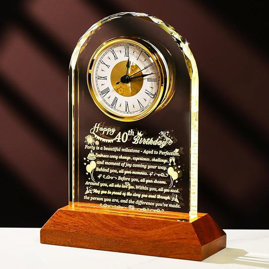 Happy 40th Birthday Glass Clock Gifts for Women, Men - 40 Year Old Birthday Gift with Wooden Light Base for Her Him, Turning 40 Quartz Clock Gift Idea for Mom Dad Unique Keepsake