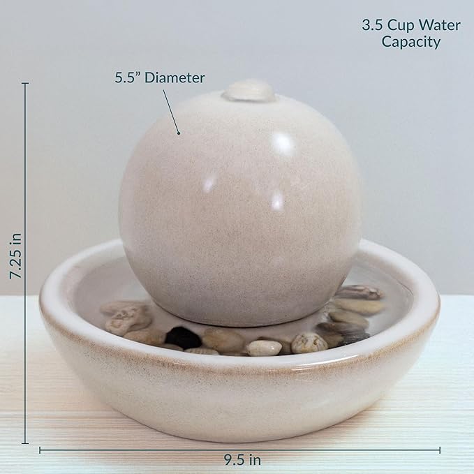 Sunnydaze Tabletop Ceramic Tabletop Fountain with Orb - Relaxing Indoor Fountain for Meditation - for Office, Bedroom, or Living Room - White