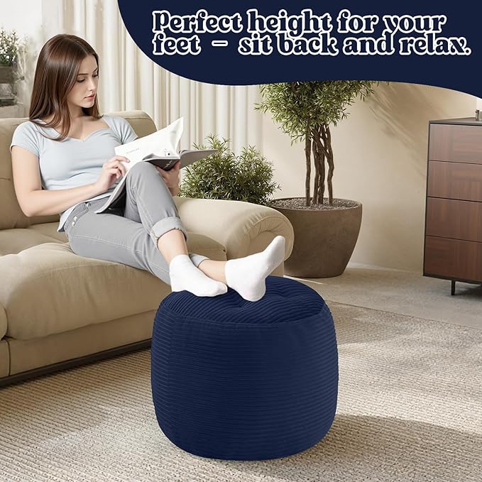 MeMoreCool Stuffed Round Pouf Ottoman Foot Rest, Floor Pouf Foot Stool with Soft Foam Chunk Filling, Round Small Ottoman Footstool Circle Footrest for Couch Living Room, Corduroy Navy